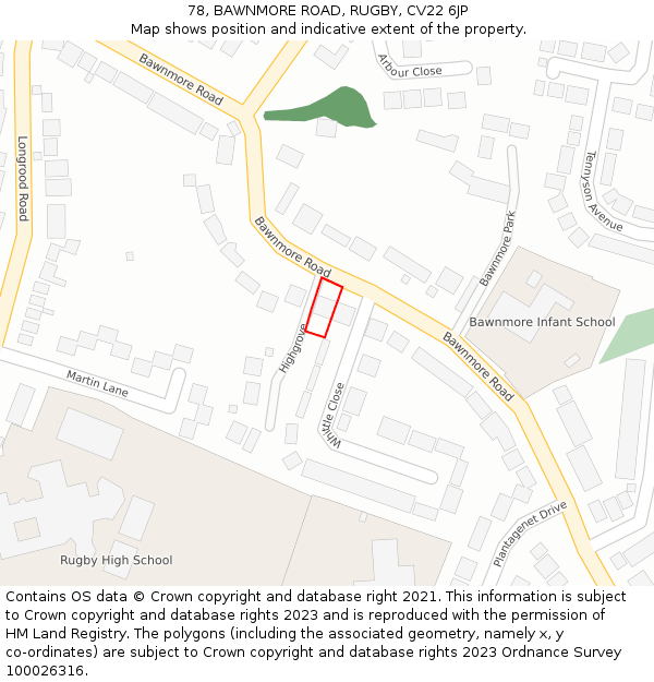 78, BAWNMORE ROAD, RUGBY, CV22 6JP: Location map and indicative extent of plot