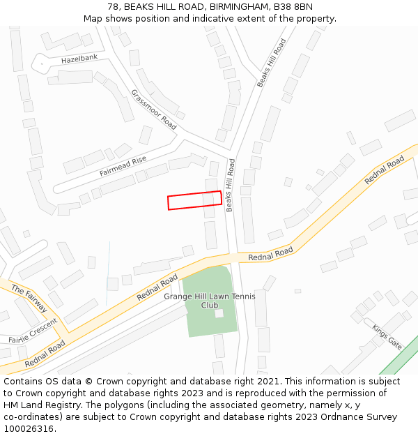 78, BEAKS HILL ROAD, BIRMINGHAM, B38 8BN: Location map and indicative extent of plot