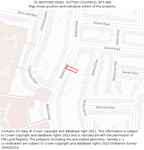 78, BEDFORD ROAD, SUTTON COLDFIELD, B75 6AE: Location map and indicative extent of plot