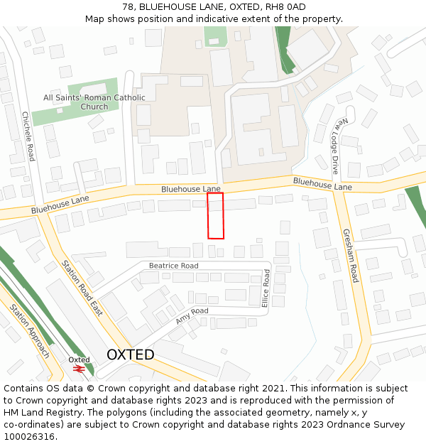 78, BLUEHOUSE LANE, OXTED, RH8 0AD: Location map and indicative extent of plot