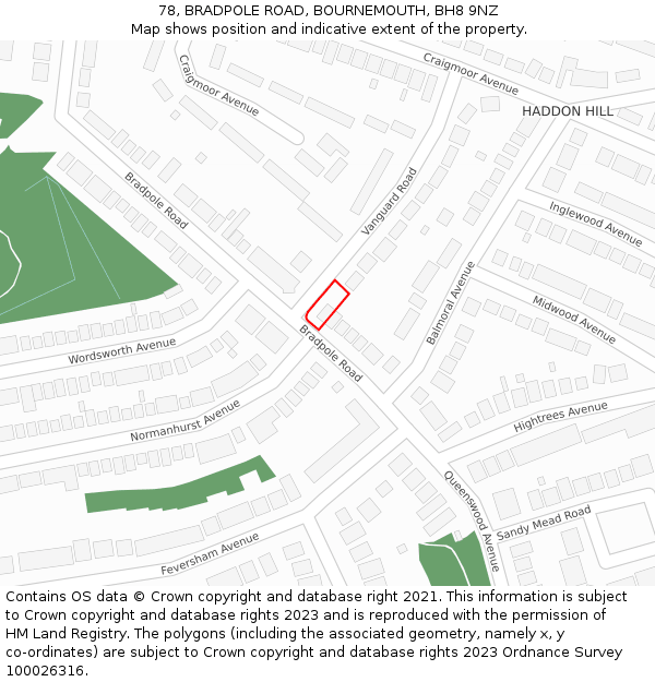 78, BRADPOLE ROAD, BOURNEMOUTH, BH8 9NZ: Location map and indicative extent of plot