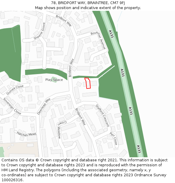 78, BRIDPORT WAY, BRAINTREE, CM7 9FJ: Location map and indicative extent of plot