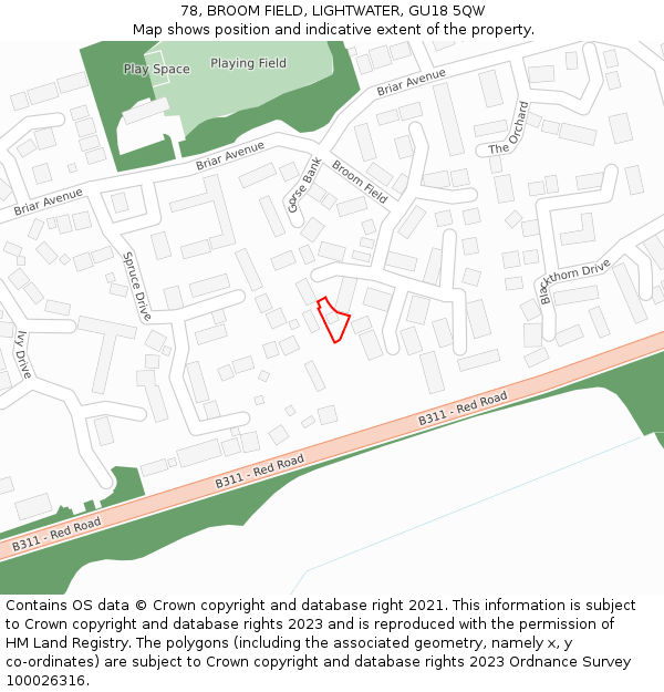 78, BROOM FIELD, LIGHTWATER, GU18 5QW: Location map and indicative extent of plot