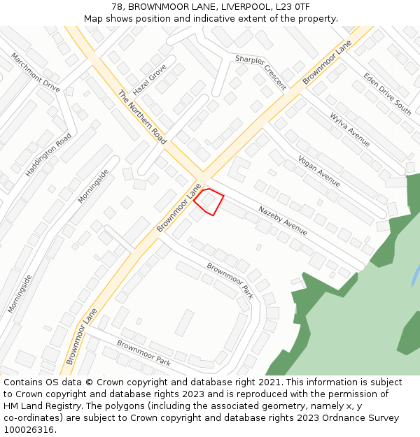 78, BROWNMOOR LANE, LIVERPOOL, L23 0TF: Location map and indicative extent of plot