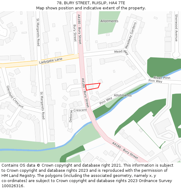 78, BURY STREET, RUISLIP, HA4 7TE: Location map and indicative extent of plot