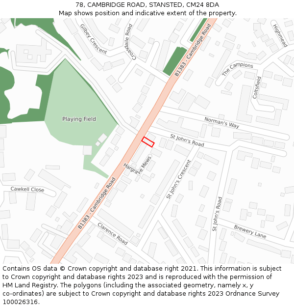 78, CAMBRIDGE ROAD, STANSTED, CM24 8DA: Location map and indicative extent of plot