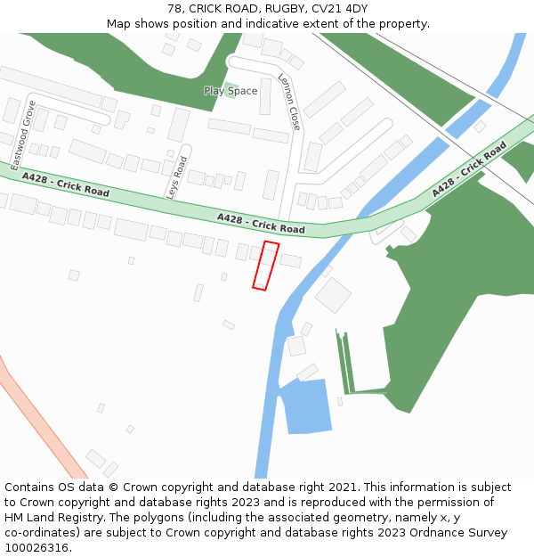 78, CRICK ROAD, RUGBY, CV21 4DY: Location map and indicative extent of plot