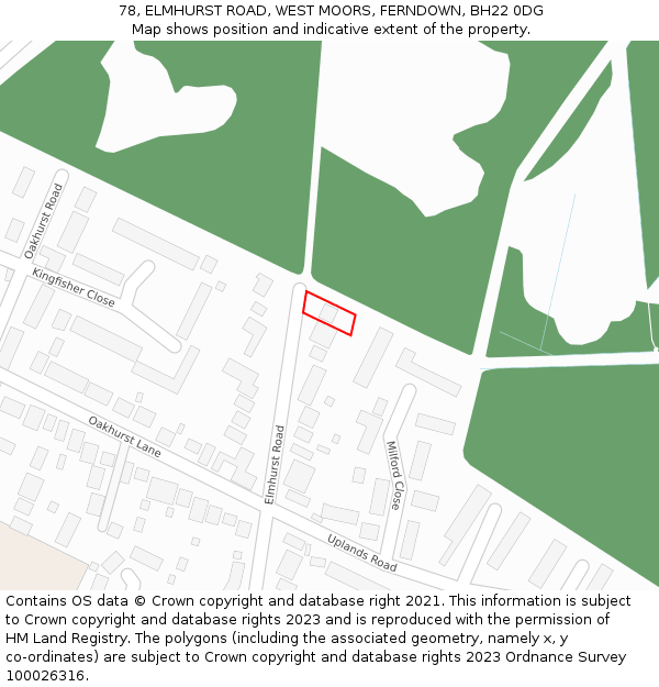 78, ELMHURST ROAD, WEST MOORS, FERNDOWN, BH22 0DG: Location map and indicative extent of plot