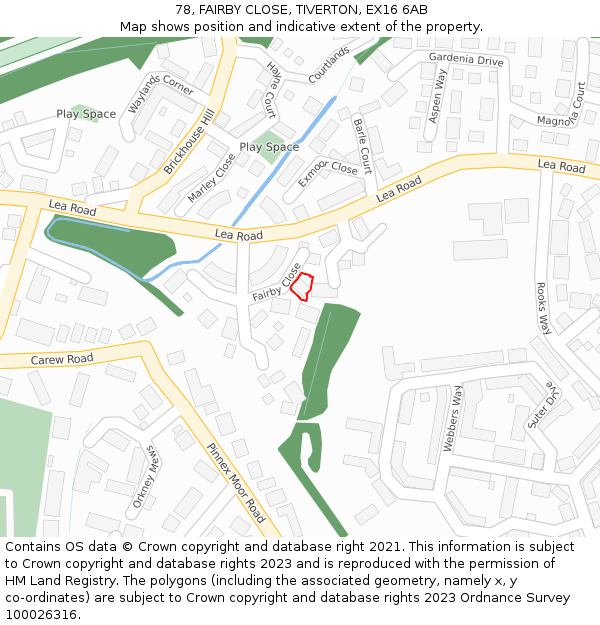 78, FAIRBY CLOSE, TIVERTON, EX16 6AB: Location map and indicative extent of plot