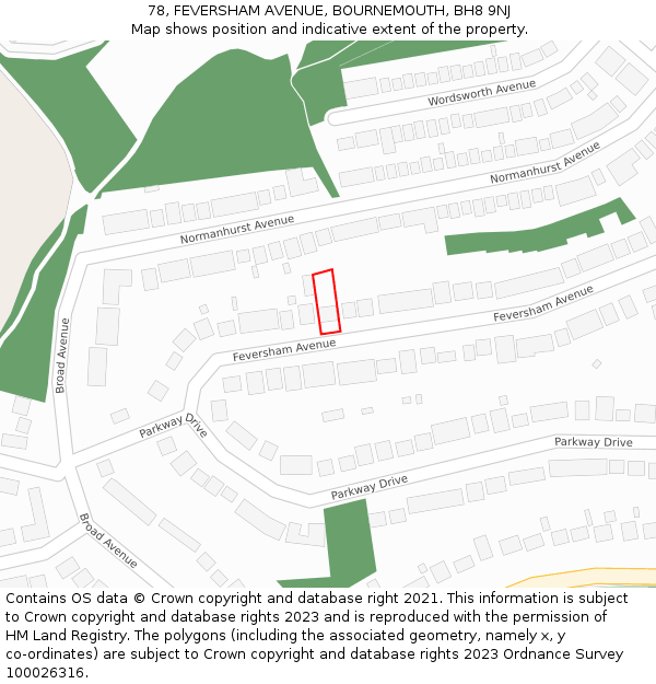 78, FEVERSHAM AVENUE, BOURNEMOUTH, BH8 9NJ: Location map and indicative extent of plot
