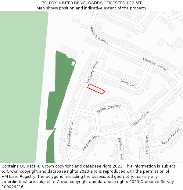 78, FOXHUNTER DRIVE, OADBY, LEICESTER, LE2 5FF: Location map and indicative extent of plot