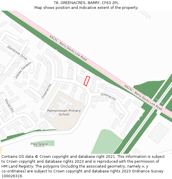 78, GREENACRES, BARRY, CF63 2PL: Location map and indicative extent of plot