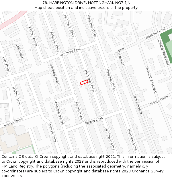 78, HARRINGTON DRIVE, NOTTINGHAM, NG7 1JN: Location map and indicative extent of plot