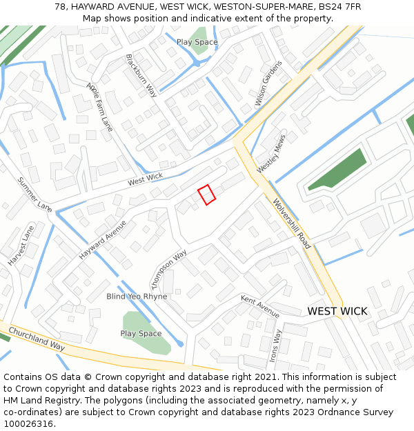 78, HAYWARD AVENUE, WEST WICK, WESTON-SUPER-MARE, BS24 7FR: Location map and indicative extent of plot