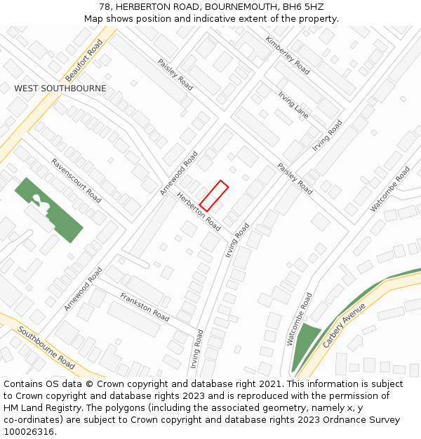78, HERBERTON ROAD, BOURNEMOUTH, BH6 5HZ: Location map and indicative extent of plot