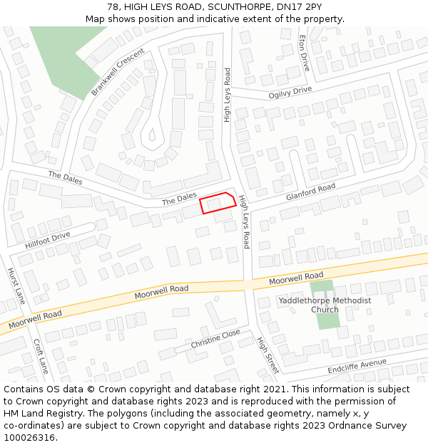 78, HIGH LEYS ROAD, SCUNTHORPE, DN17 2PY: Location map and indicative extent of plot