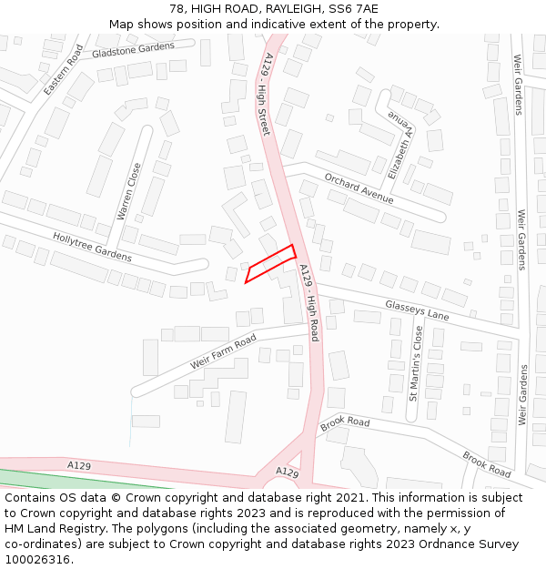 78, HIGH ROAD, RAYLEIGH, SS6 7AE: Location map and indicative extent of plot