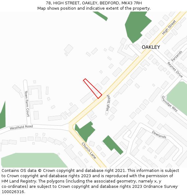 78, HIGH STREET, OAKLEY, BEDFORD, MK43 7RH: Location map and indicative extent of plot