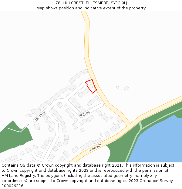 78, HILLCREST, ELLESMERE, SY12 0LJ: Location map and indicative extent of plot