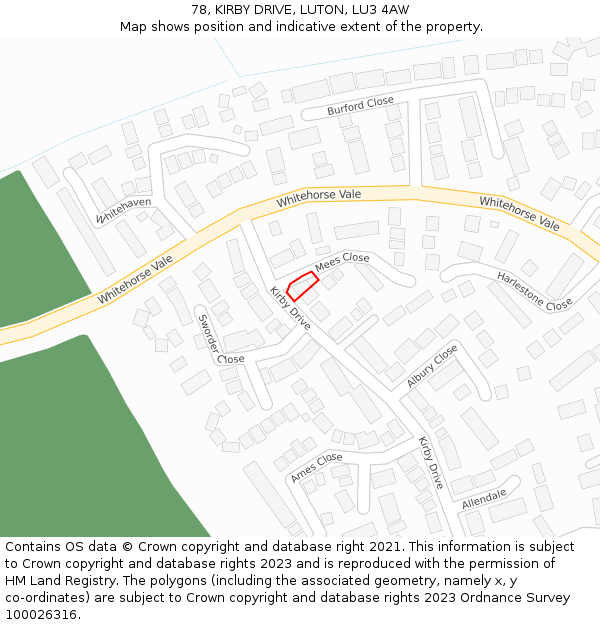 78, KIRBY DRIVE, LUTON, LU3 4AW: Location map and indicative extent of plot