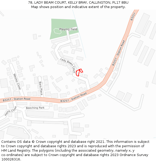 78, LADY BEAM COURT, KELLY BRAY, CALLINGTON, PL17 8BU: Location map and indicative extent of plot