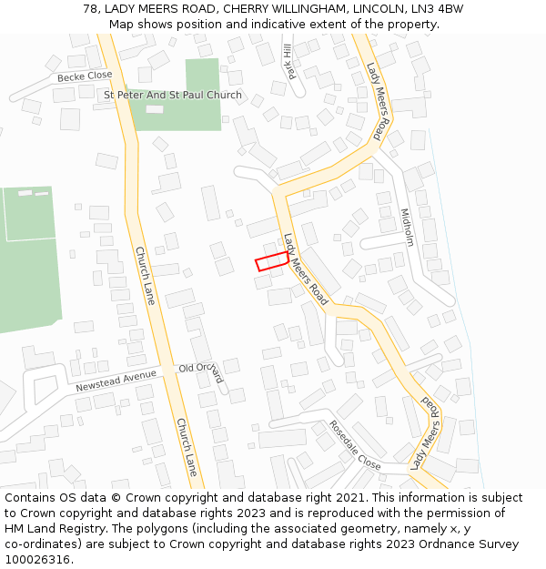 78, LADY MEERS ROAD, CHERRY WILLINGHAM, LINCOLN, LN3 4BW: Location map and indicative extent of plot