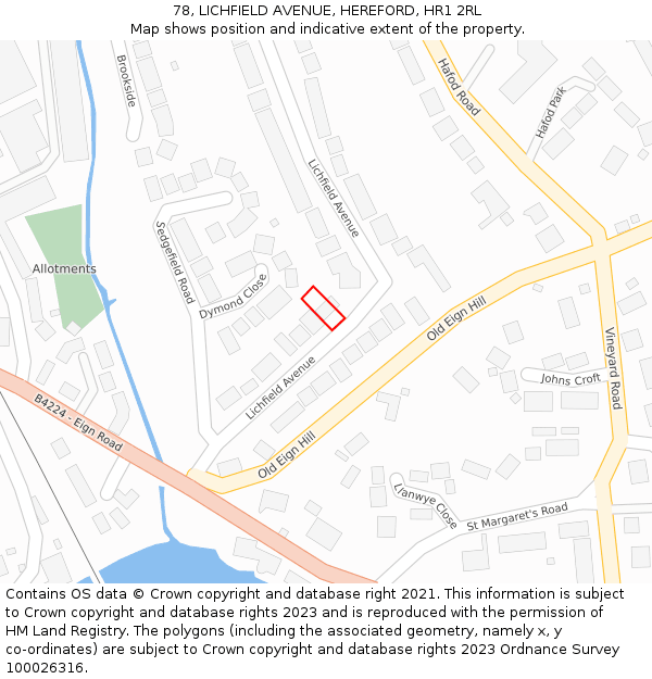 78, LICHFIELD AVENUE, HEREFORD, HR1 2RL: Location map and indicative extent of plot