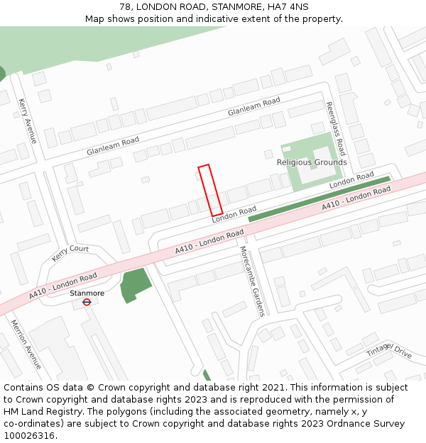 78, LONDON ROAD, STANMORE, HA7 4NS: Location map and indicative extent of plot