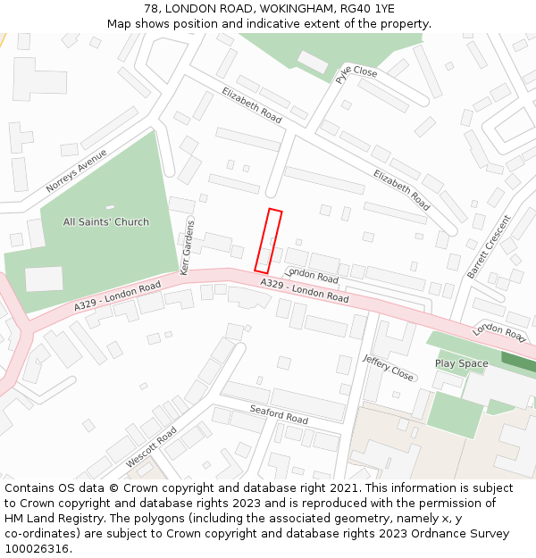 78, LONDON ROAD, WOKINGHAM, RG40 1YE: Location map and indicative extent of plot