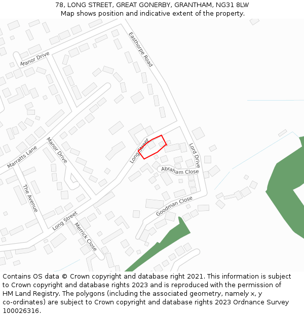 78, LONG STREET, GREAT GONERBY, GRANTHAM, NG31 8LW: Location map and indicative extent of plot