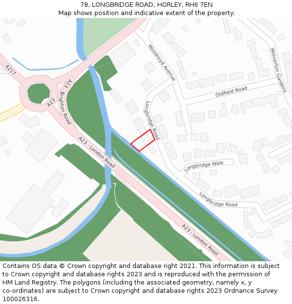78, LONGBRIDGE ROAD, HORLEY, RH6 7EN: Location map and indicative extent of plot