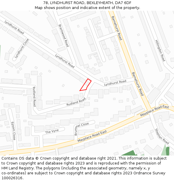 78, LYNDHURST ROAD, BEXLEYHEATH, DA7 6DF: Location map and indicative extent of plot