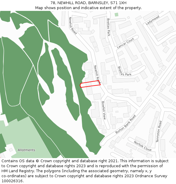78, NEWHILL ROAD, BARNSLEY, S71 1XH: Location map and indicative extent of plot