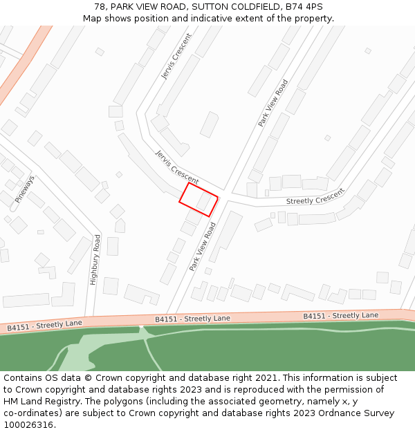 78, PARK VIEW ROAD, SUTTON COLDFIELD, B74 4PS: Location map and indicative extent of plot