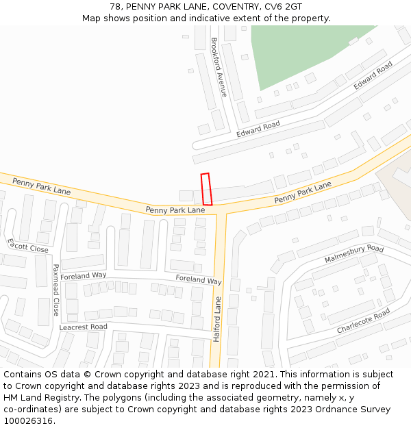 78, PENNY PARK LANE, COVENTRY, CV6 2GT: Location map and indicative extent of plot