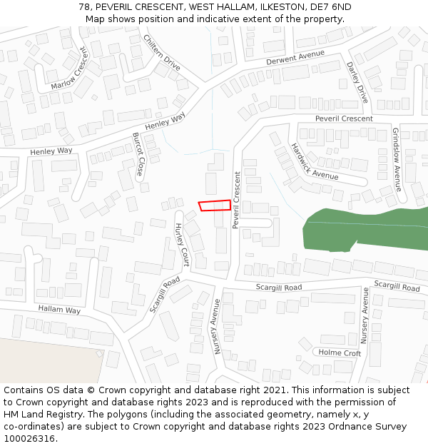 78, PEVERIL CRESCENT, WEST HALLAM, ILKESTON, DE7 6ND: Location map and indicative extent of plot