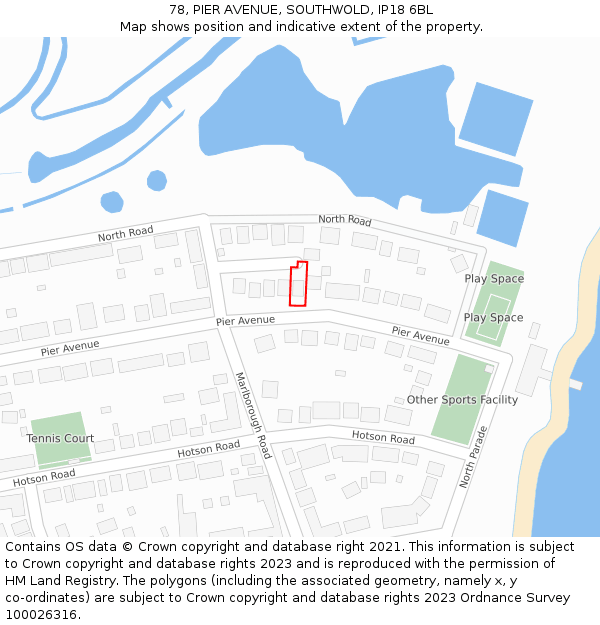 78, PIER AVENUE, SOUTHWOLD, IP18 6BL: Location map and indicative extent of plot