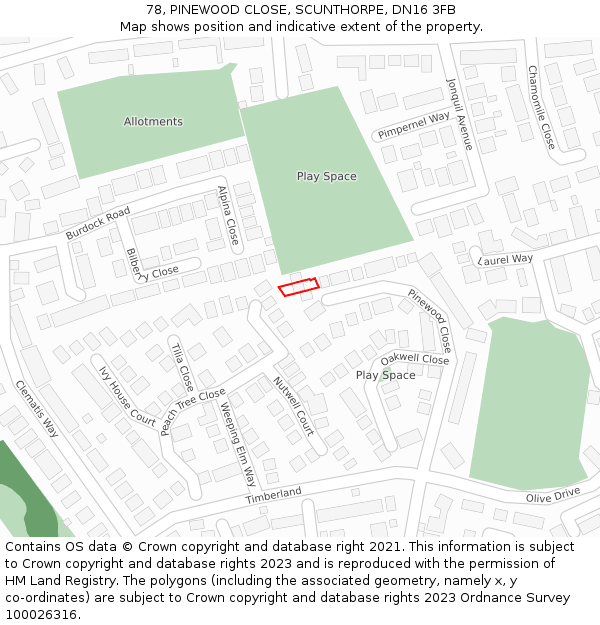 78, PINEWOOD CLOSE, SCUNTHORPE, DN16 3FB: Location map and indicative extent of plot