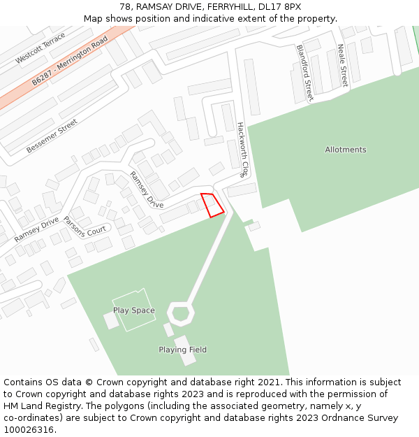 78, RAMSAY DRIVE, FERRYHILL, DL17 8PX: Location map and indicative extent of plot