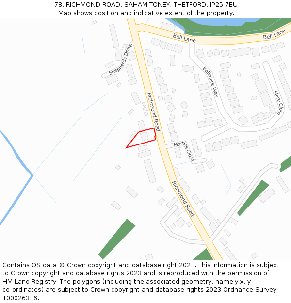 78, RICHMOND ROAD, SAHAM TONEY, THETFORD, IP25 7EU: Location map and indicative extent of plot