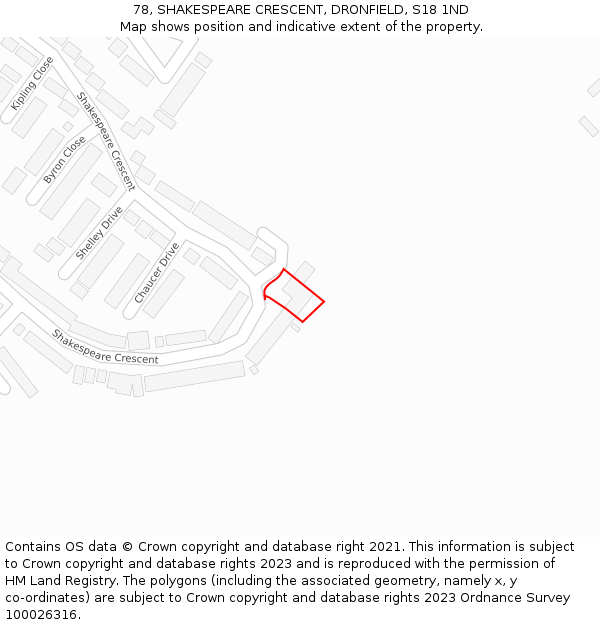 78, SHAKESPEARE CRESCENT, DRONFIELD, S18 1ND: Location map and indicative extent of plot