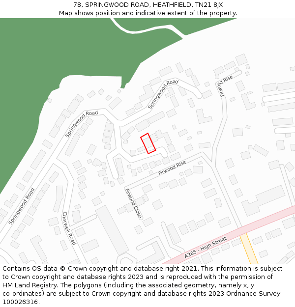 78, SPRINGWOOD ROAD, HEATHFIELD, TN21 8JX: Location map and indicative extent of plot