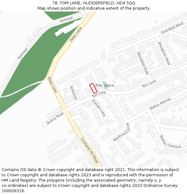 78, TOM LANE, HUDDERSFIELD, HD4 5QQ: Location map and indicative extent of plot