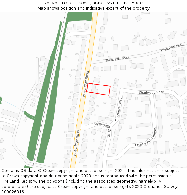 78, VALEBRIDGE ROAD, BURGESS HILL, RH15 0RP: Location map and indicative extent of plot