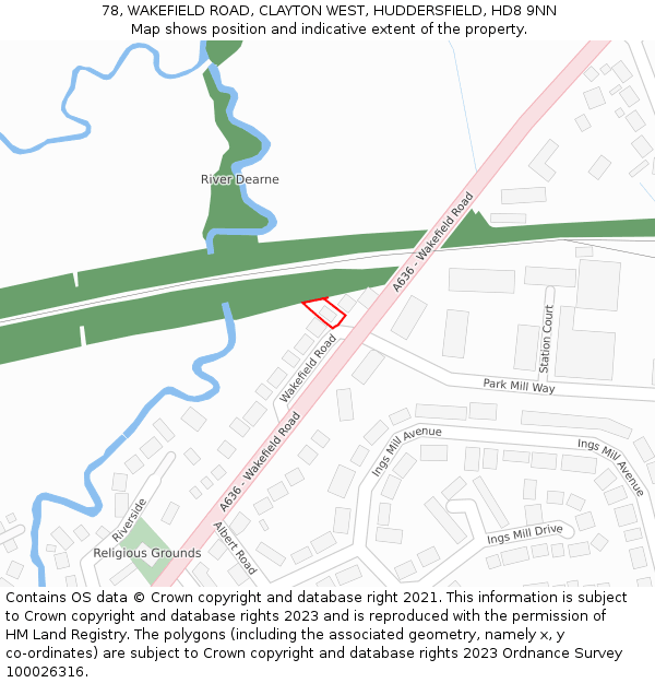 78, WAKEFIELD ROAD, CLAYTON WEST, HUDDERSFIELD, HD8 9NN: Location map and indicative extent of plot