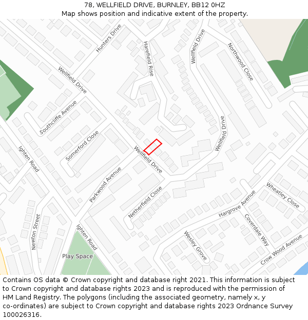 78, WELLFIELD DRIVE, BURNLEY, BB12 0HZ: Location map and indicative extent of plot
