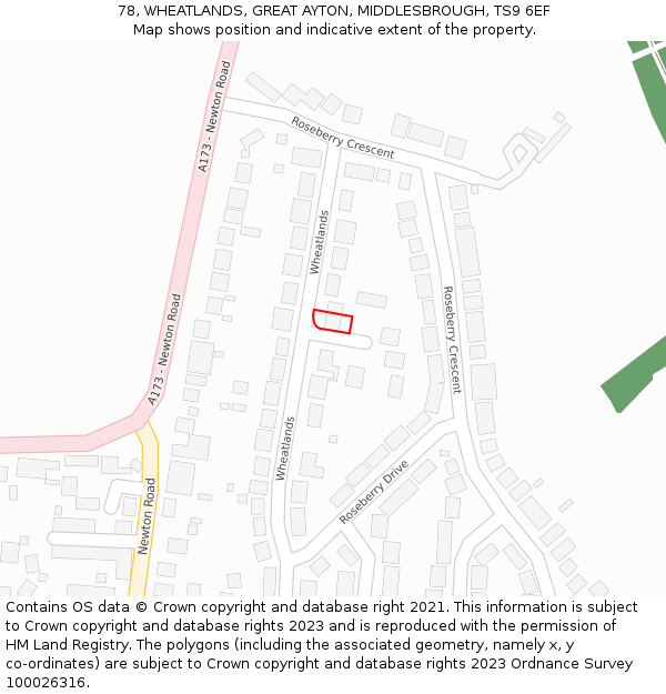 78, WHEATLANDS, GREAT AYTON, MIDDLESBROUGH, TS9 6EF: Location map and indicative extent of plot