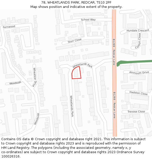 78, WHEATLANDS PARK, REDCAR, TS10 2PF: Location map and indicative extent of plot