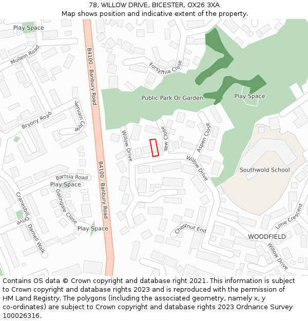 78, WILLOW DRIVE, BICESTER, OX26 3XA: Location map and indicative extent of plot