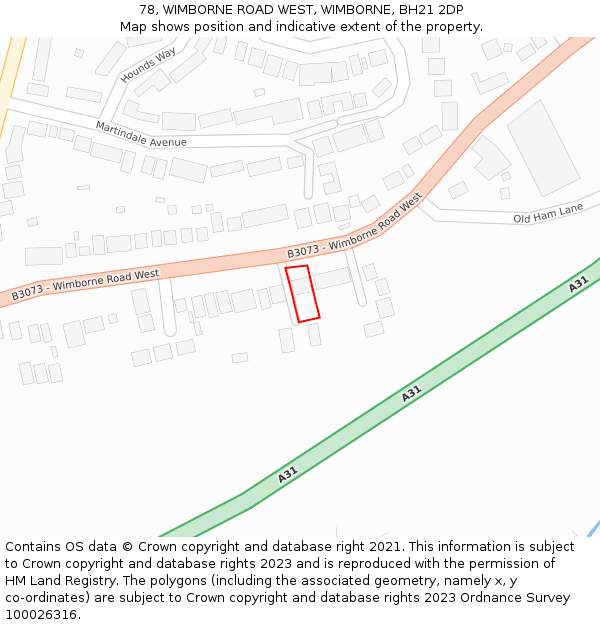 78, WIMBORNE ROAD WEST, WIMBORNE, BH21 2DP: Location map and indicative extent of plot